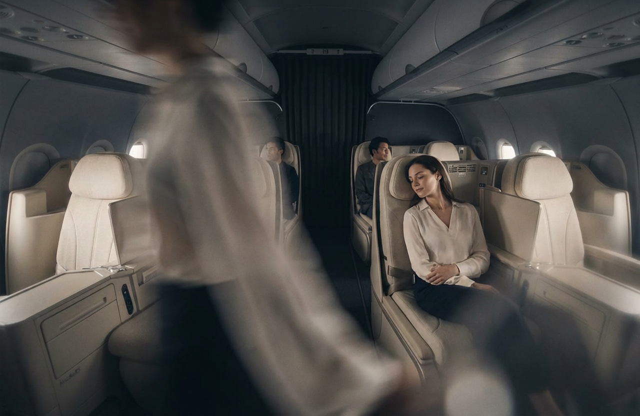 Private cabin interior, a passenger resting as crew moves through soft directional light