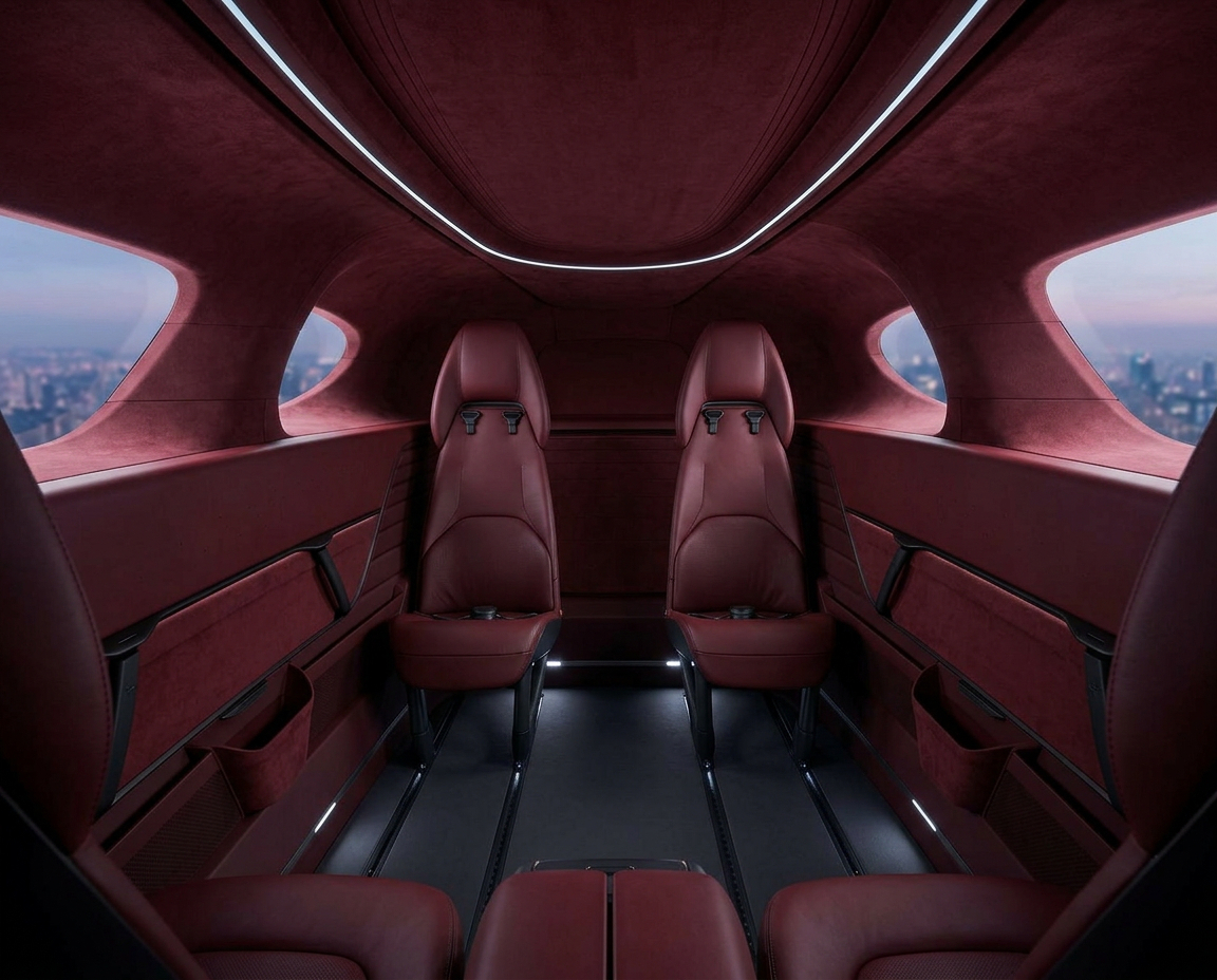 Next-generation eVTOL cabin concept in deep burgundy