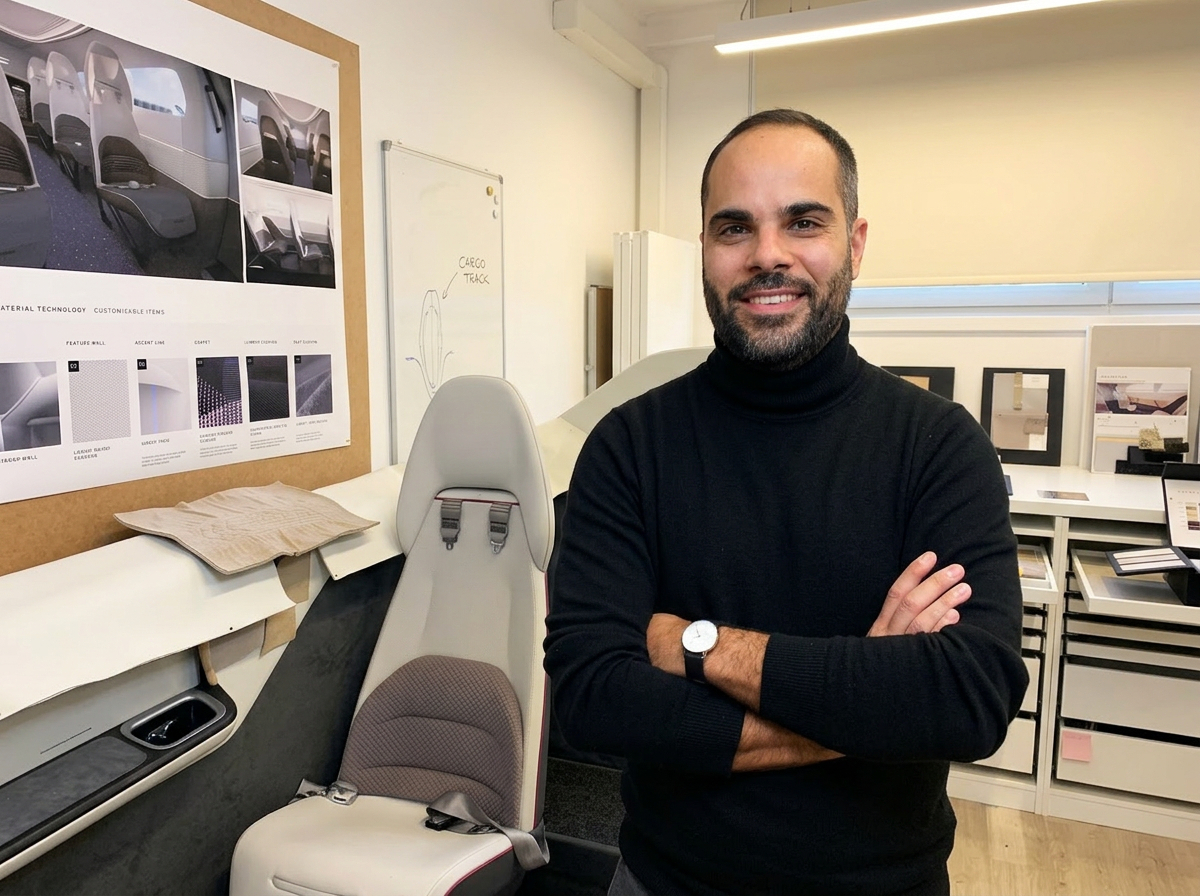 Jorge de Luis in the studio beside a cabin seat prototype and CMF boards