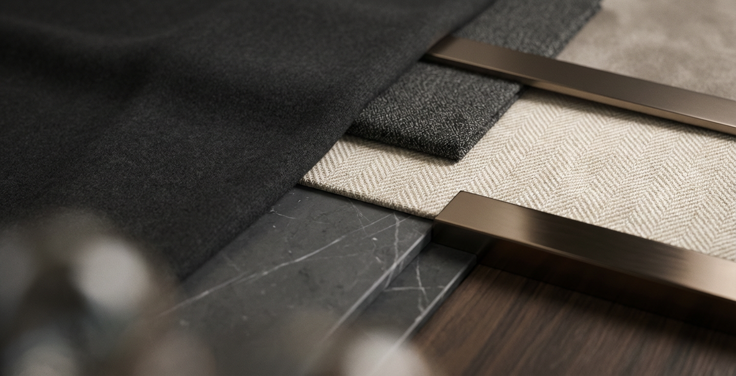Durable premium material direction for a private cabin, wool, linen, stone and leather