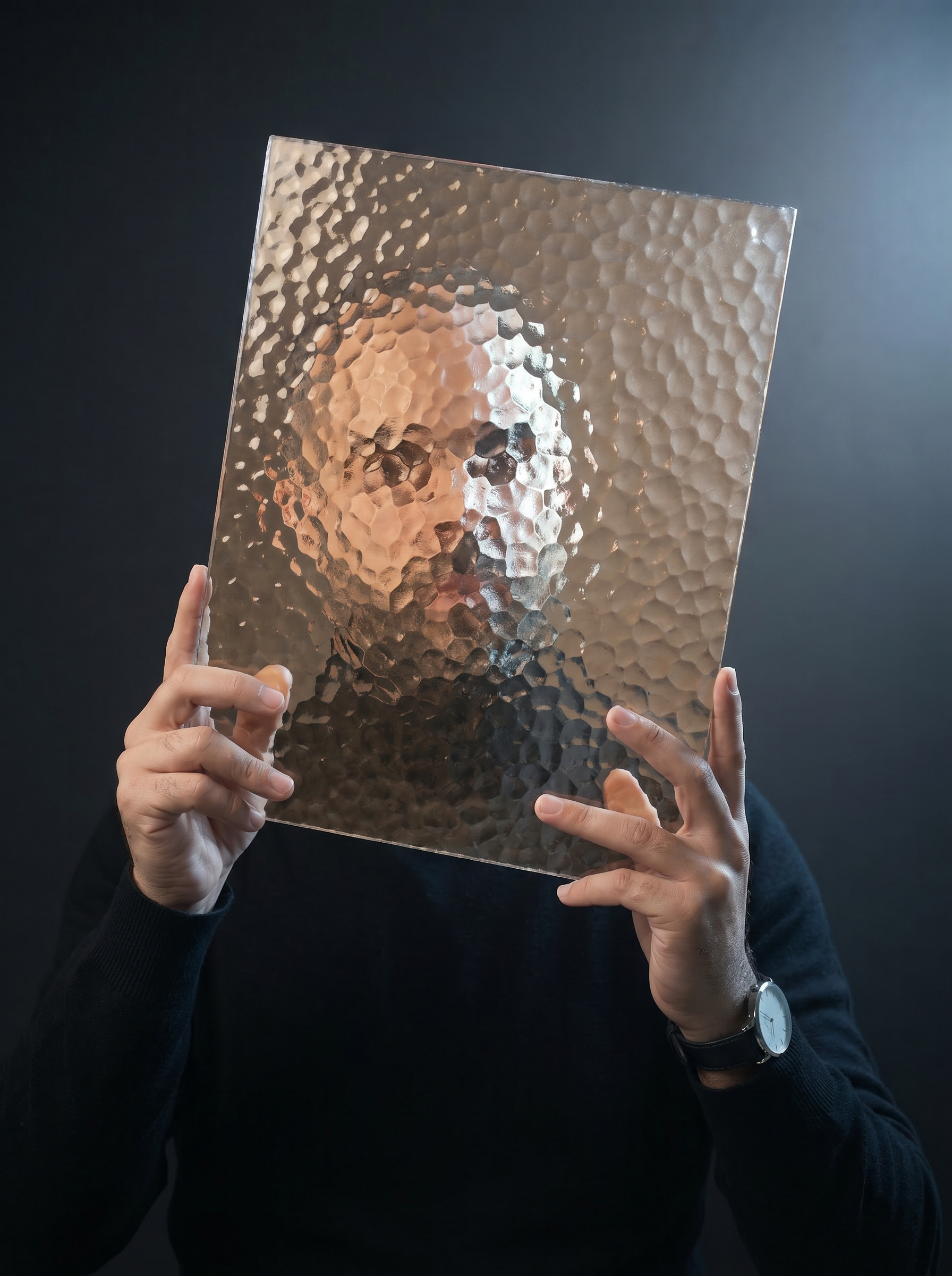 A hammered translucent finish read by the hand in directional light, a perceived-quality study